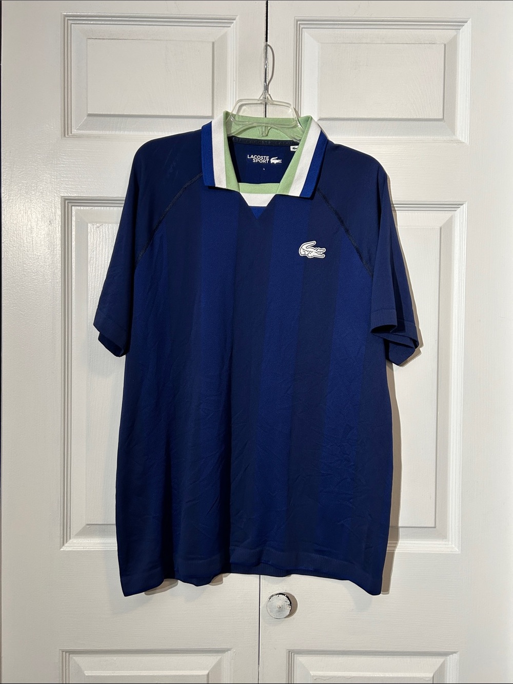 Lacoste Sport Navy Striped Performance Polo Blue White Green Trim Size L Large